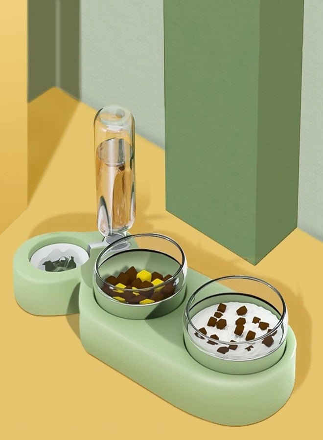 ECAPT Pet Food Dispenser Bowl with Glass Cups, Water Bottle Feeding Dispenser for Cats and Dogs, Green - Image 1
